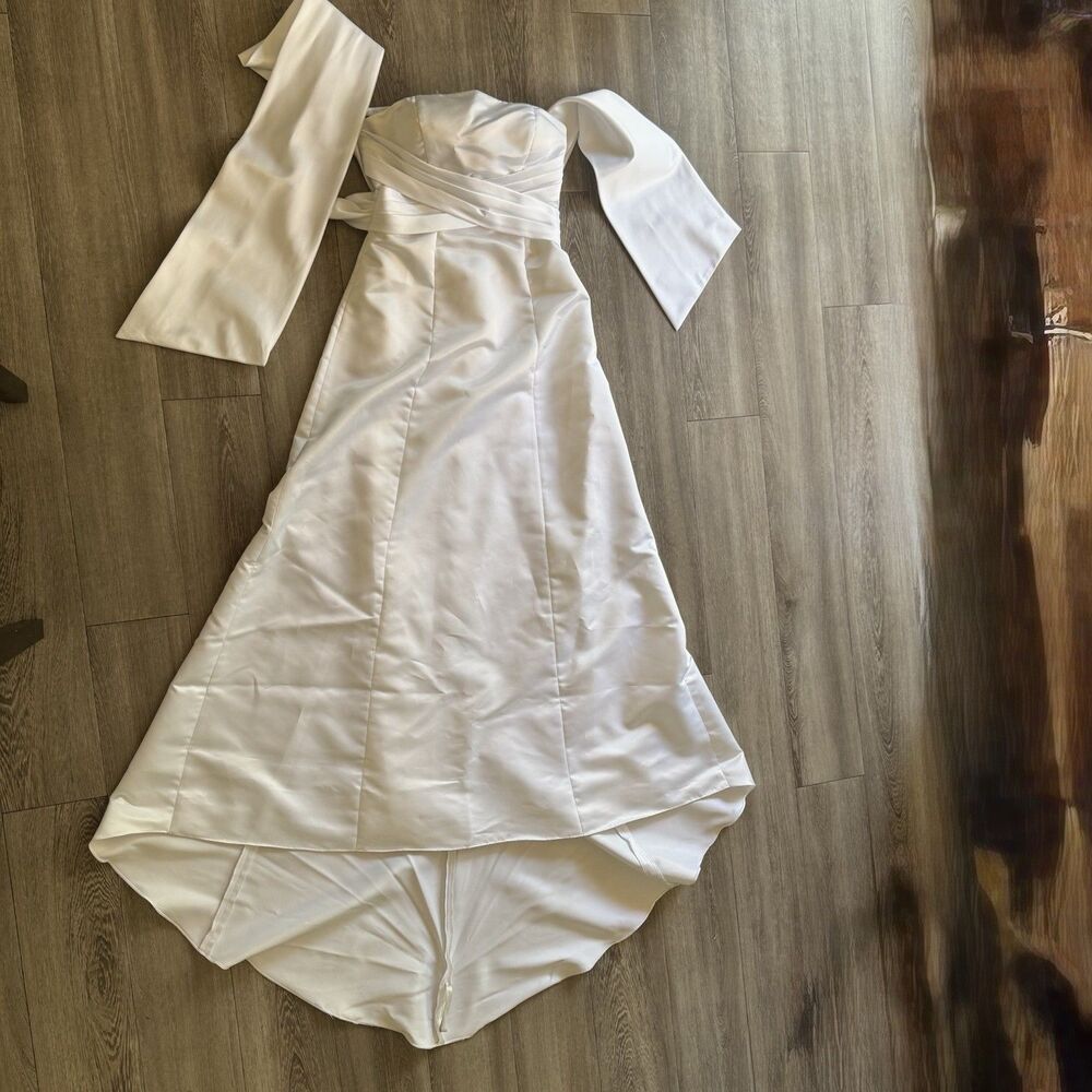 Bill Levkoff White Satin Strapless Wedding Gown Bridal Dress Bow Train Size 6 - Picture 15 of 16